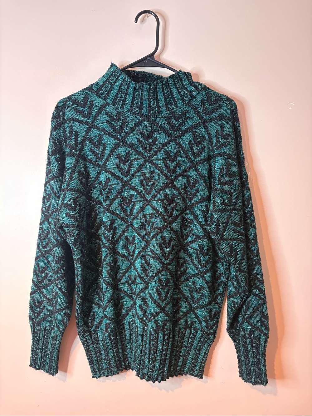Vintage Private Eyes Dark Green Metallic Mock Neck Sweater EUC